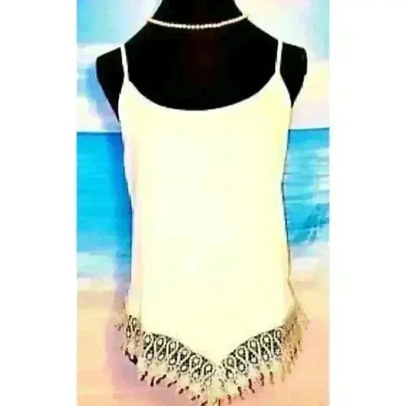 Nella Fantasia Tops - NELLA FANTASIA Shell Top IVORY Cami shirt with Sexy LACE Pointed HEMLINE size Lg